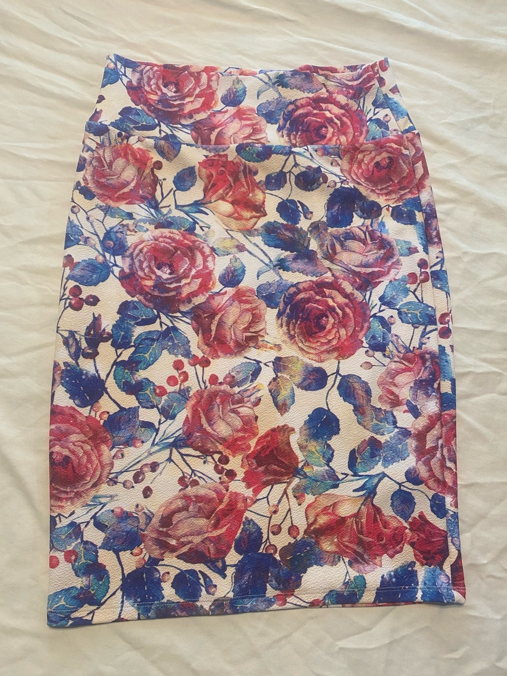 LuLaRoe Floral Rose Pencil Skirt in Pink, Blue and Cream